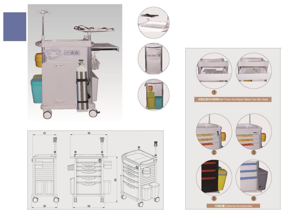 ward cart,medical supply cart on wheels,emergency cart,abs trolley,emergency cart trolley