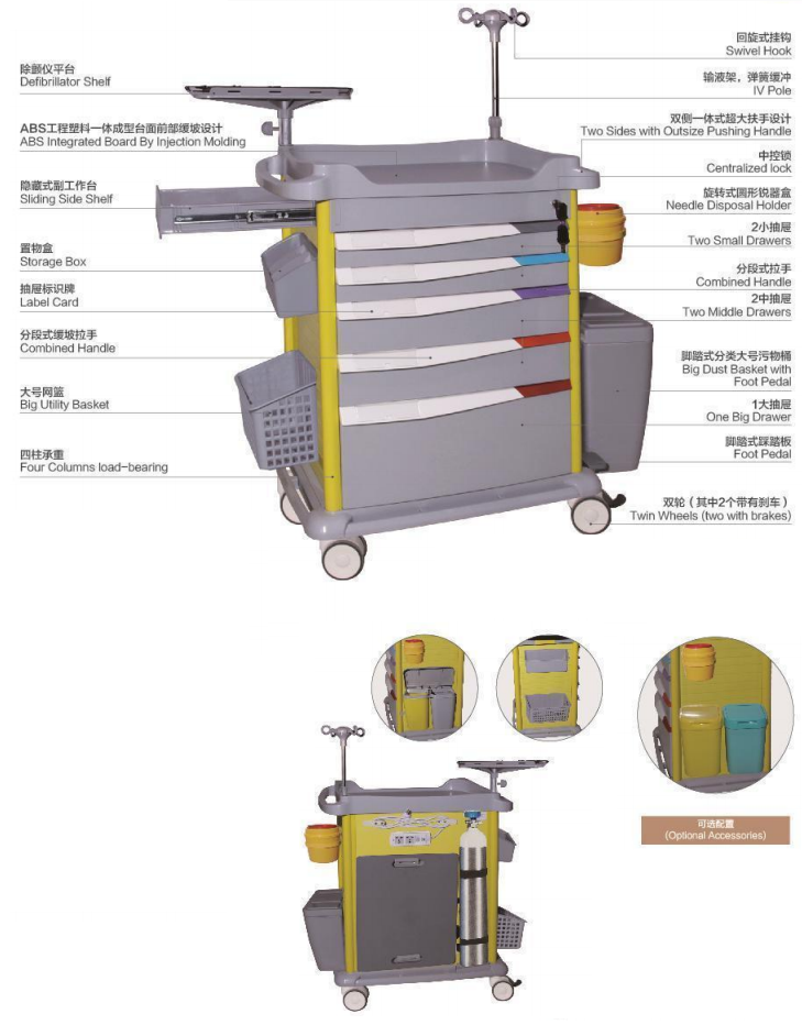 medical drawer cart,anesthesia supply cart,emergency resuscitation trolley,emergency cart,anesthesia crash cart