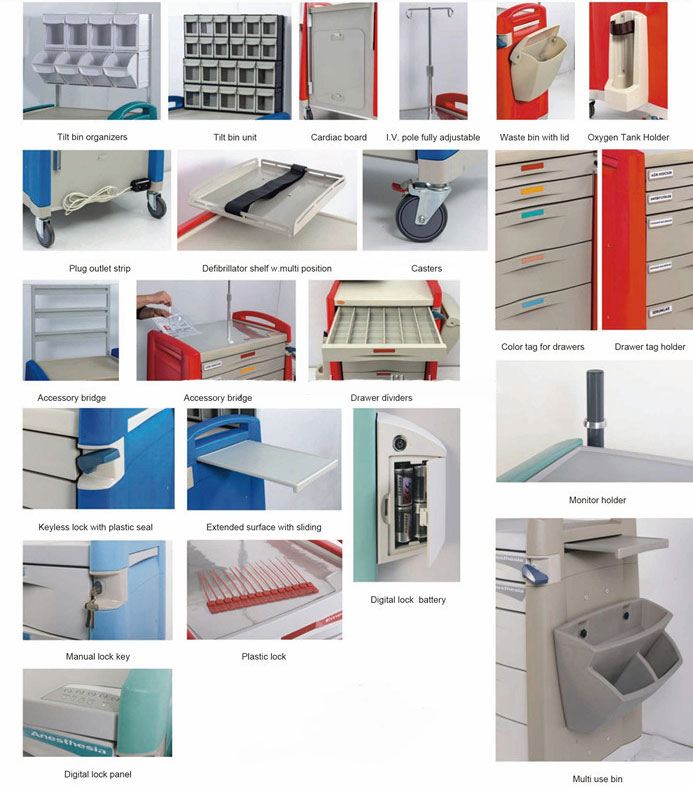 emergency cart, medication cart with lock, hospital crash cart