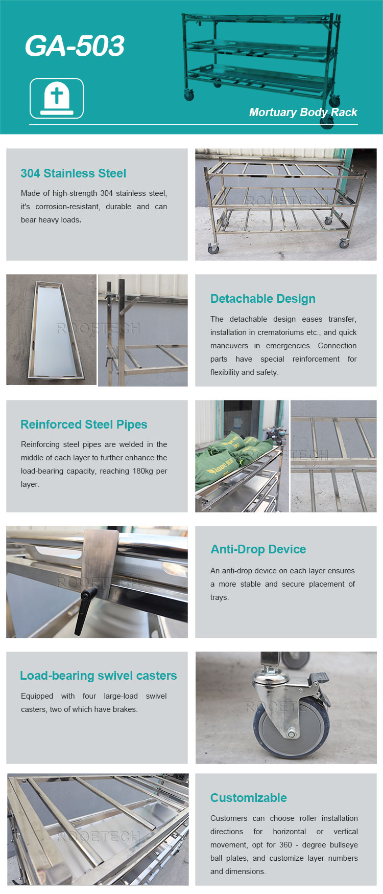 GA503 Dead Body Mortuary Storage Racks with Full Rollers Portable Cremation (4).jpg