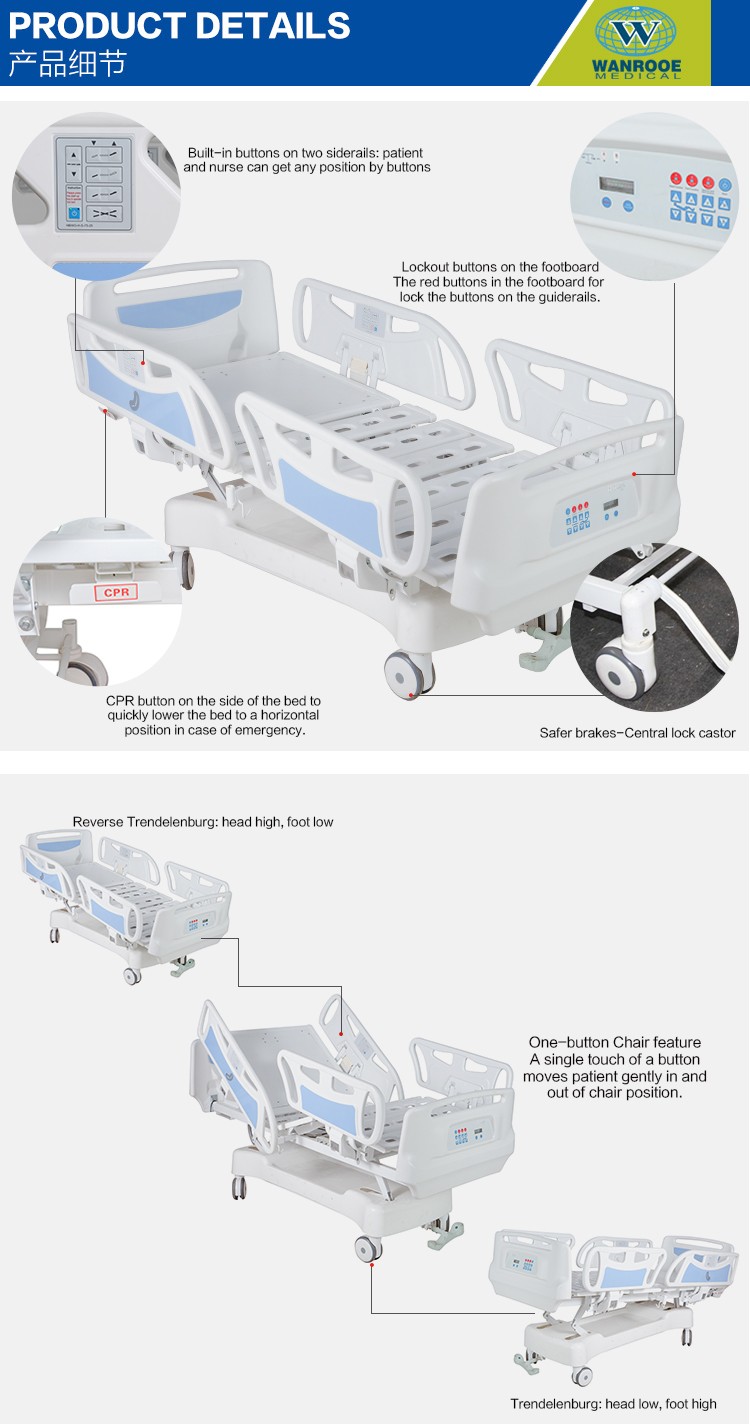 hospital bed electric 5 function, critical care beds, ward bed, clinic beds, trendelenburg bed position hospital bed electric 5 function, critical care beds, ward bed, clinic beds, trendelenburg bed position